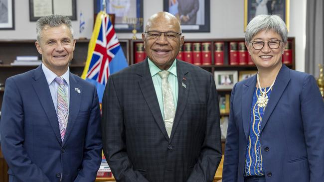Senator Wong and Assistant Minister for Foreign Affairs Matt Thistlethwaite, left, meet with Fijian Prime Minister Sitiveni Rabuka in Suva. Picture: Daniel Walding