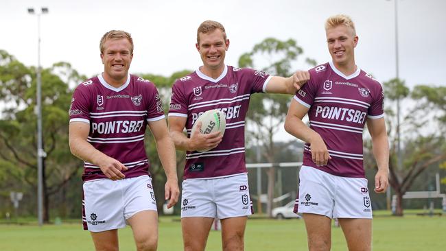 DAILY TELEGRAPH – 24 FEBRUARY, 2022. EMBARGOED FOR 9TH MARCH, 2022, DO NOT PUBLISH WITHOUT APPROVAL FROM DAILY TELEGRAPH SPORT AND PICTURE DESK. Manly Sea Eagles stars and siblings L-R Jake, Tom and Ben Trbojevic pictured at the Sea Eagles training centre in Narrabeen. Picture: Toby Zerna