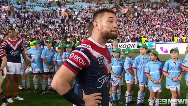 Ouch. Jared Waerea-Hargreaves readied himself to take the stage after he was mistakenly told he had won the Clive Churchill Medal. Picture: 9 News