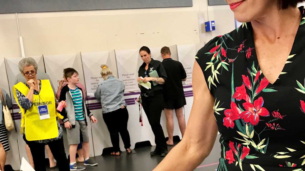 Labor candidate for Dawson Belinda Hassan casts her vote at Mackay Northern Beaches High school. Picture: Angela Seng