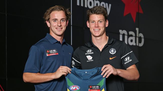 Jackson Mead of South Australia with Carlton’s Sam Walsh at the 2019 AFL NAB Academy Guernsey Presentation in April. Picture: Michael Dodge/Getty Images