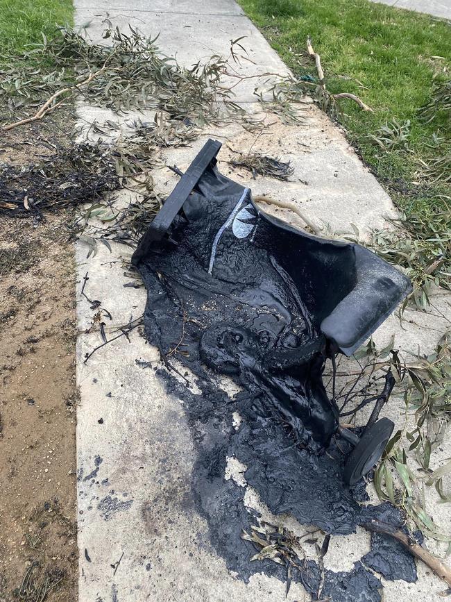 A council bin was torched near the spectator benches.