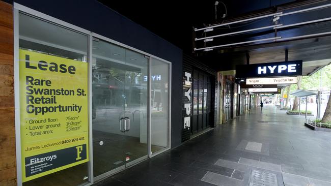 Closed shops along Swanston Stree in Melbourne's retail heart. Picture: NCA NewsWire/Andrew Henshaw