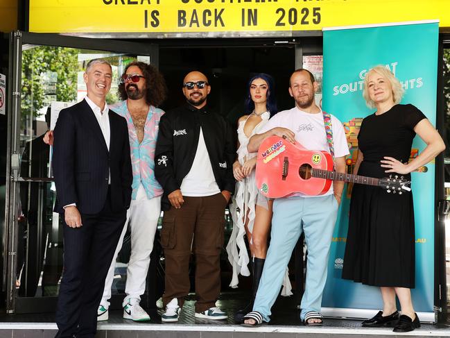 DAILY TELEGRAPH. DECEMBER 10, 2024.Pictured at the Oxford Art Factory today is Minister for the Arts John Graham and ARIA CEO Annabelle Herd, along with artists who are a part of the Southern Nights Program, Carlos Lara and Jimmy Young from Bootleg Rascal, Charley and Ben Lee.  Picture: Tim Hunter.