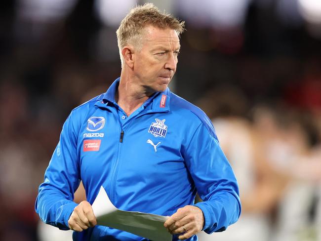 MELBOURNE, AUSTRALIA - MAY 29: Kangaroos coach, David Noble is seen at the break during the round 11 AFL match between the St Kilda Saints and the North Melbourne Kangaroos at Marvel Stadium on May 29, 2022 in Melbourne, Australia. (Photo by Robert Cianflone/Getty Images)