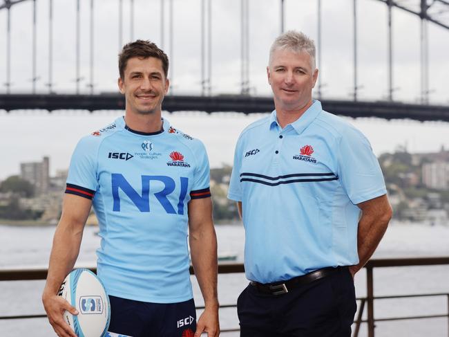 Jake Gordon and head coach Darren Coleman of the NSW Waratahs. Picture: Getty Images