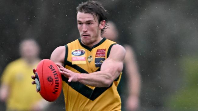 KinglakeÃs Bailey Robinson during the NFNL Old Eltham Collegians v Kinglake football match in Research, Saturday, June 29, 2024. Picture: Andy Brownbill