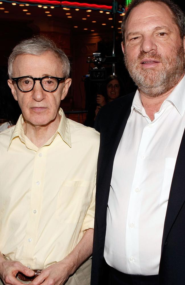 Woody Allen and disgraced producer Harvey Weinstein at the premiere of Allen’s film Vicky Cristina Barcelona in 2008. Picture: AFP