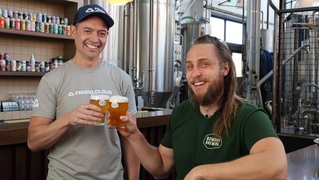 Frigid.Cloud chief executive Jassa Amir Lang with Bowden Brewing co-founder Alex Marschall. Picture: Supplied by Frigid.Cloud