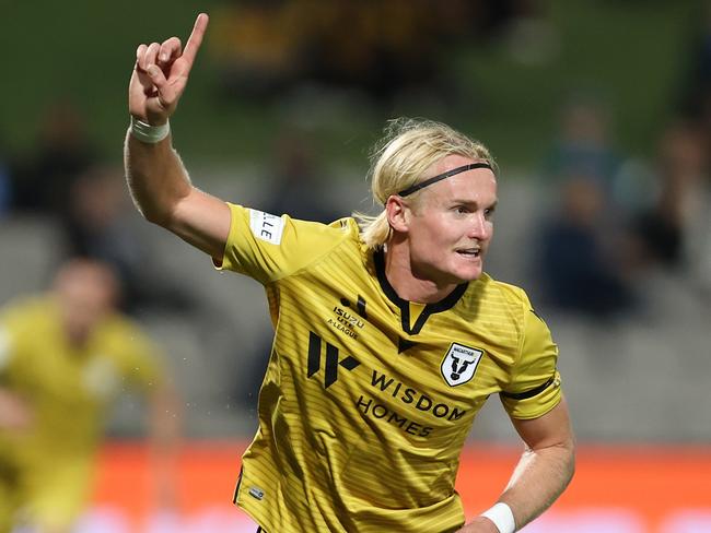 SYDNEY, AUSTRALIA - NOVEMBER 27: Lachlan Rose of the Bulls scores a goal during the A-League match between Sydney FC and Macarthur FC at Netstrata Jubilee Stadium, on November 27, 2021, in Sydney, Australia. (Photo by Brendon Thorne/Getty Images)