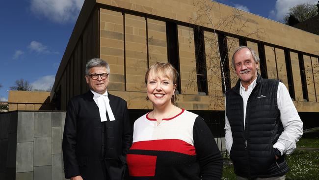 Former Premier and attorney general, Lara Giddings, Lawyer, Greg Barns and former president of the Legislative Council and retired lawyer, Jim Wilkinson out the front of Hobart Supreme Court in 2020 after signing on with about 100 other eminent Australians in the Jailing is Failing initiative. Picture: Zak Simmonds