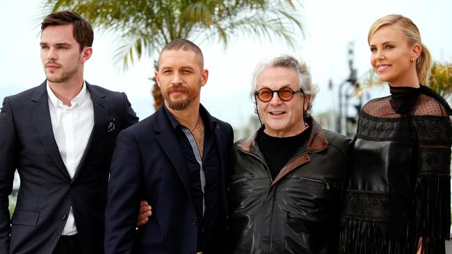 (L-R) Nicholas Hoult, Tom Hardy, director George Miller and Charlize Theron hit the publicity trail for Mad Max in 2015. Picture: Tristan Fewings/Getty