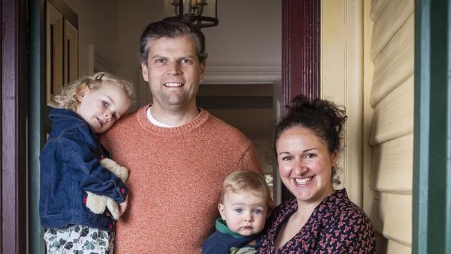 North Hobart's Andy 'Tubes' Taylor with partner Erin Martin and kids Molly Taylor and Ray Taylor. Picture: LUKE BOWDEN