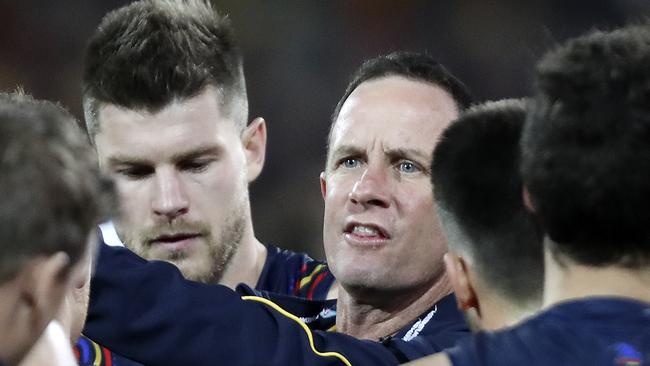 Adelaide coach Don Pyke addresses his players. Picture: Sarah Reed