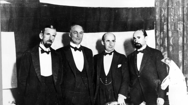 Antarctic explorers Captain John King Davis, Sir Douglas Mawson and Sir Hubert Wilkins (far right)