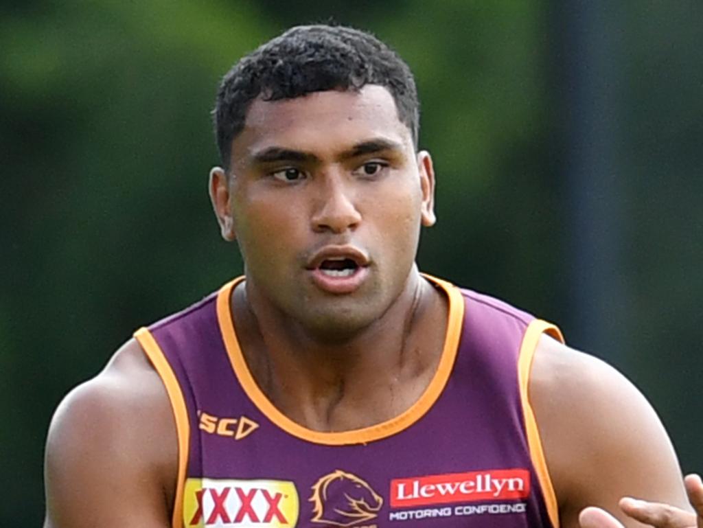 Tevita Pangai Junior in action during Brisbane Broncos training at Clive Berghofer Field in Brisbane, Thursday, March 21, 2019. The Broncos are playing the North Queensland Cowboys in their round 2 NRL clash in Brisbane on Friday night. (AAP Image/Darren England) NO ARCHIVING