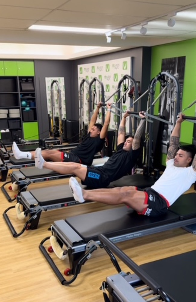 Loko Jnr Pasifiki Tonga, Jaydn Su’A and Hame Sele from the Dragons at Pilates Insync in April last year.