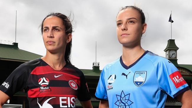 Leena Khamis of the Wanderers with Chloe Logarzo of Sydney FC will take part in the opening match of the W-League season. (Photo by Mark Evans/Getty Images for The Star)