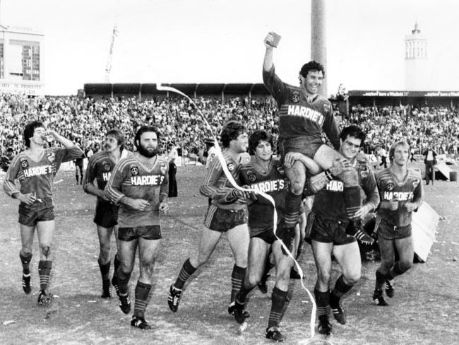 Eels captain Steve Edge is chaired on lap of honour after Parramatta defeated Manly in the 1982 grand final. Picture: Warwick Lawson