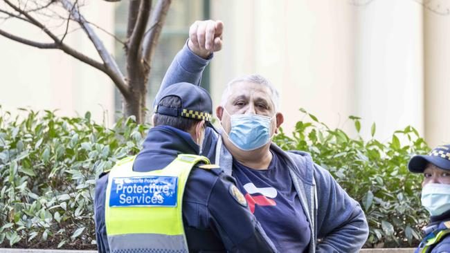 A heckler tried to interrupt Premier Daniel Andrews’s press conference today. Picture: NCA NewsWire / Wayne Taylor