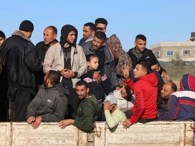 Palestinians flee Khan Yunis in southern Gaza Strip further south toward Rafah, along the Salah Al-Din road. Picture: AFP