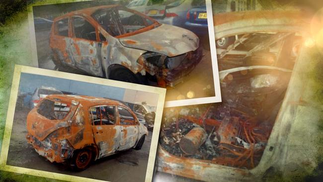 The burnt out remains of the Nissan Tiida used in the shooting