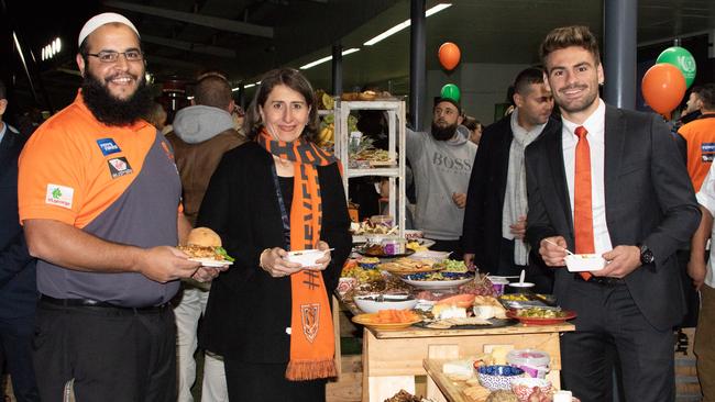 Giants head of community Ali Faraj with NSW Premier Gladys Berejiklian and Stephen Coniglio. Picture: Sam Cotton