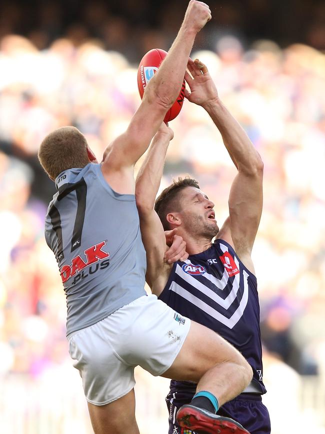 Clurey spoils Fremantle recruit Jesse Hogan. Picture: Paul Kane/Getty Images