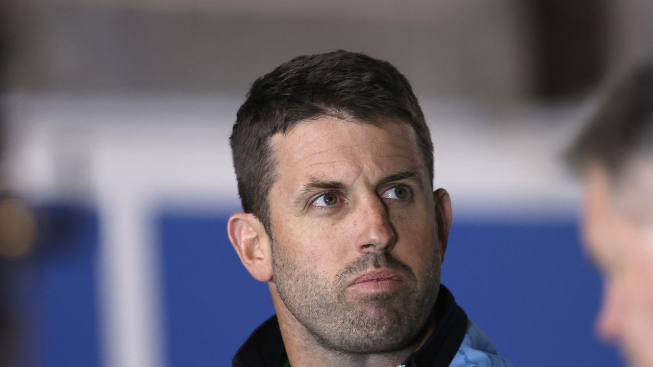 NEWCASTLE, AUSTRALIA - APRIL 16: Josh Hannay interim coach of the Sharks during the round six NRL match between the Newcastle Knights and the Cronulla Sharks at McDonald Jones Stadium, on April 16, 2021, in Newcastle, Australia. (Photo by Ashley Feder/Getty Images)