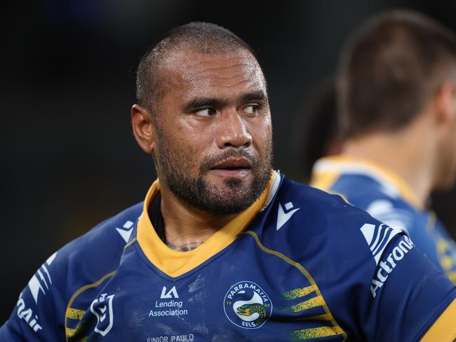 SYDNEY, AUSTRALIA - MARCH 10: Junior Paulo of the Eels looks dejected after the round two NRL match between the Parramatta Eels and the Cronulla Sharks at CommBank Stadium on March 10, 2023 in Sydney, Australia. (Photo by Mark Kolbe/Getty Images)