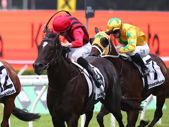 SYDNEY, AUSTRALIA - MARCH 02: Adam Hyeronimus riding  Tropical Squall wins Race 8 Drinkwise Surround Stakes during TAB Verry Elleegant Stakes Day - Sydney Racing at Royal Randwick Racecourse on March 02, 2024 in Sydney, Australia. (Photo by Jeremy Ng/Getty Images)