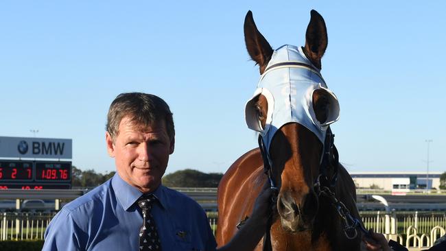 Trainer Les Ross with River Racer after the horse’s sole win at Doomben. Photo: Natasha Wood, Trackside Photography