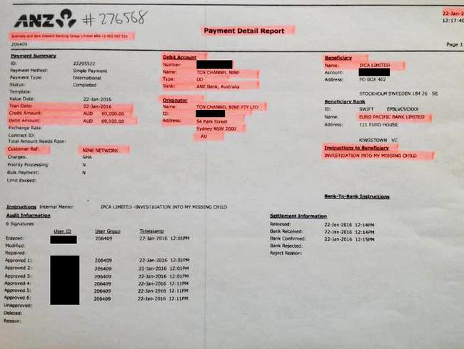 A report showing payment of $69,000 from TCN Channel Nine Pty Ltd to Adam Whittington. Picture: Supplied