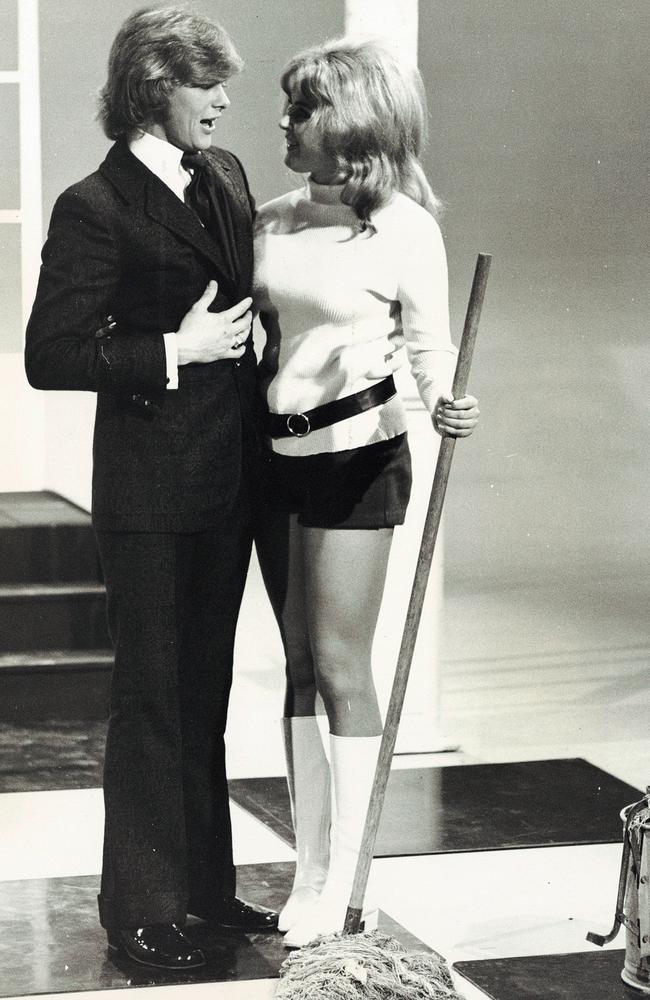 Johnny Farnham pictured with an actor playing Sadie, the Cleaning Lady, the title of his 1967 debut single. Picture: Supplied