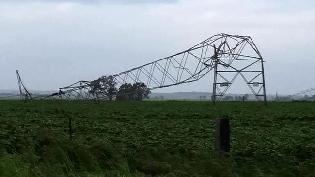 The fallen transmission tower, which was blown over in high winds and partly responsible for the blackout across the state a year ago. Picture: Debbie Prosser