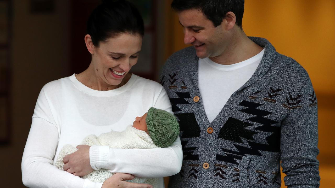 Jacinda Ardern, Clarke Gayford and their daughter Neve. Picture: Getty