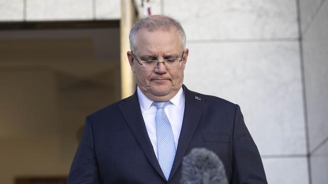 Prime Minister Scott Morrison announcing the extension of JobKeeper and JobSeeker payments. Picture: NCA NewsWire/Gary Ramage