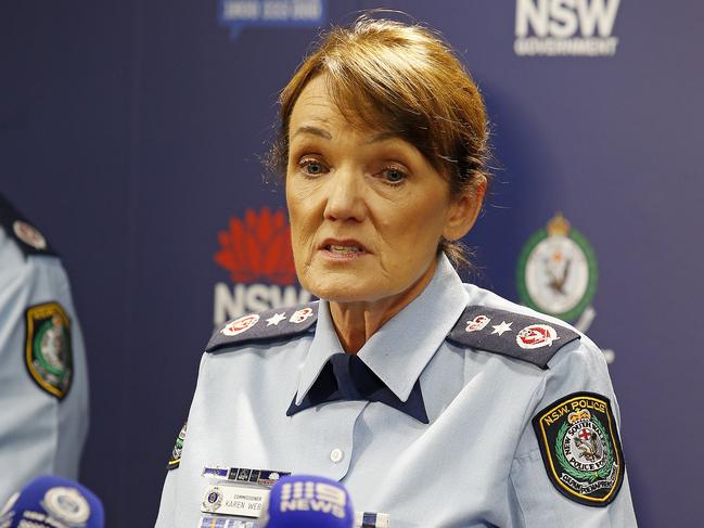 SYDNEY, AUSTRALIA - NewsWire Photos OCTOBER 4, 2024: NSW Police Commissioner Karen Webb  addresses  the press conference.   NSW Police Commissioner Karen Webb and  Assistant Commissioner Peter McKenna  address the media regarding the upcoming protest in Sydney CBD this weekend.Picture: NewsWire / John Appleyard