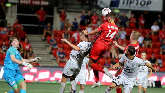 George Blackwood of United scores a goal during the Round 17 A-League match. Picture: AAP Image/Kelly Barnes