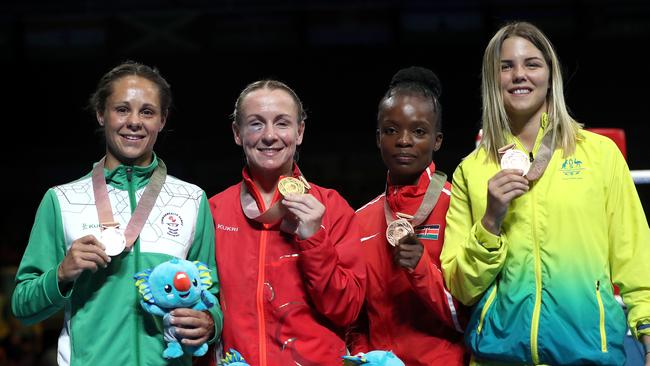 Australia's Taylah Robertson (right) with her bronze medal after the Women's Flyweight final at the 2018 Commonwealth Games in the Gold Coast, Australia.