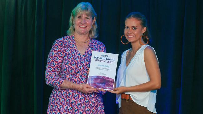 Education Minister Eva Lawler presented Emma King as the top performing Aboriginal student at the 2022 NTCET awards. Picture: Glenn Campbell