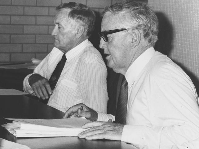 16 Feb 1987: Queensland Premier Sir Joh Bjelke-Petersen with deputy Bill Gunn at Kingaroy