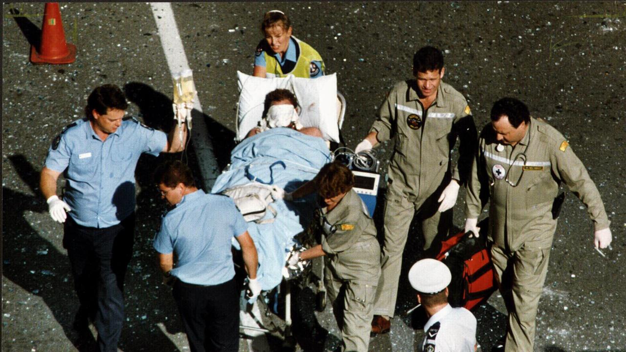 Lawyer Peter Wallis carried out of National Crime Authority's (NCA) building in Waymouth Street, Adelaide.