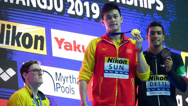 Silver medalist Mack Horton refuses to stand with Sun Yang. Picture: Quinn Rooney/Getty Images