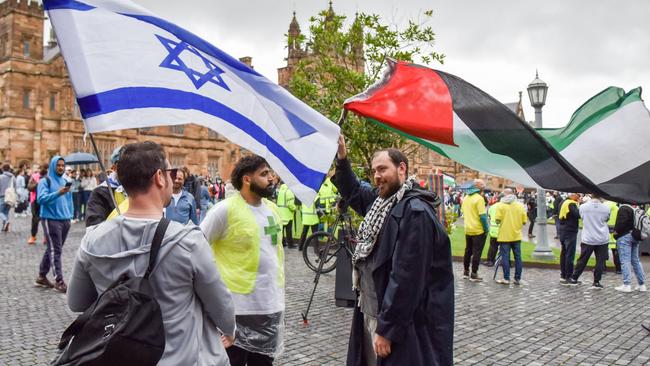 Members of the Australian Palestinian community and Australian Israeli members at the Palestinian Protest Campsite at University of Sydney. Picture: Ayush Kumar / AFP