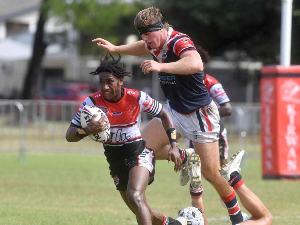 Kirwan State High School hosts St Patrick's College, Mackay, in round 1 of the 2025 Aaron Payne Cup. Kirwan's Number 6 runs 60 meters for individual tray. Picture: Evan Morgan