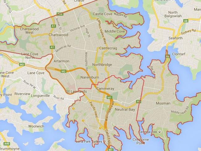 A map showing the suburbs that would form part of the state government’s merger between North Sydney, Willoughby and Mosman councils.