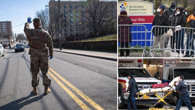 A member of the National Guard in New Rochelle, New York; Top right, people queue outside a hospital in Brooklyn; below right, NY hospitals are set to be overrun.