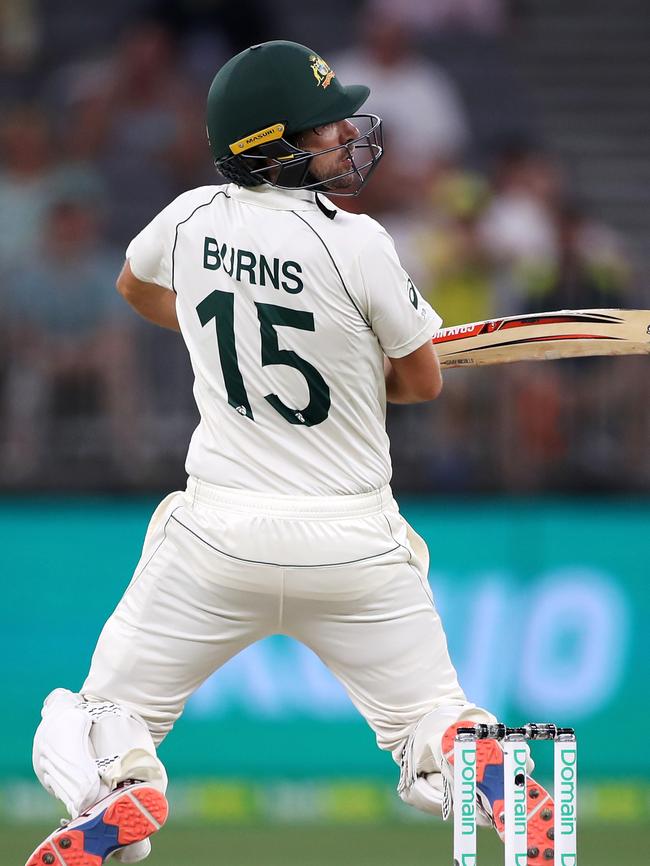 Joe Burns fends at a short ball from Tim Southee and is caught in gully.