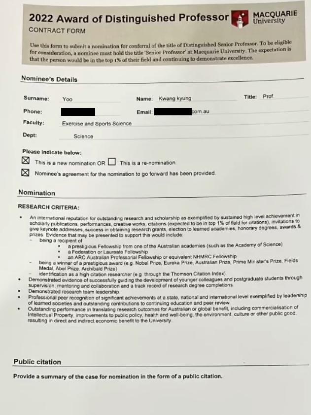 The university document Yoo posted to social media, which Macquarie University says appears ‘falsified’. Picture: Supplied